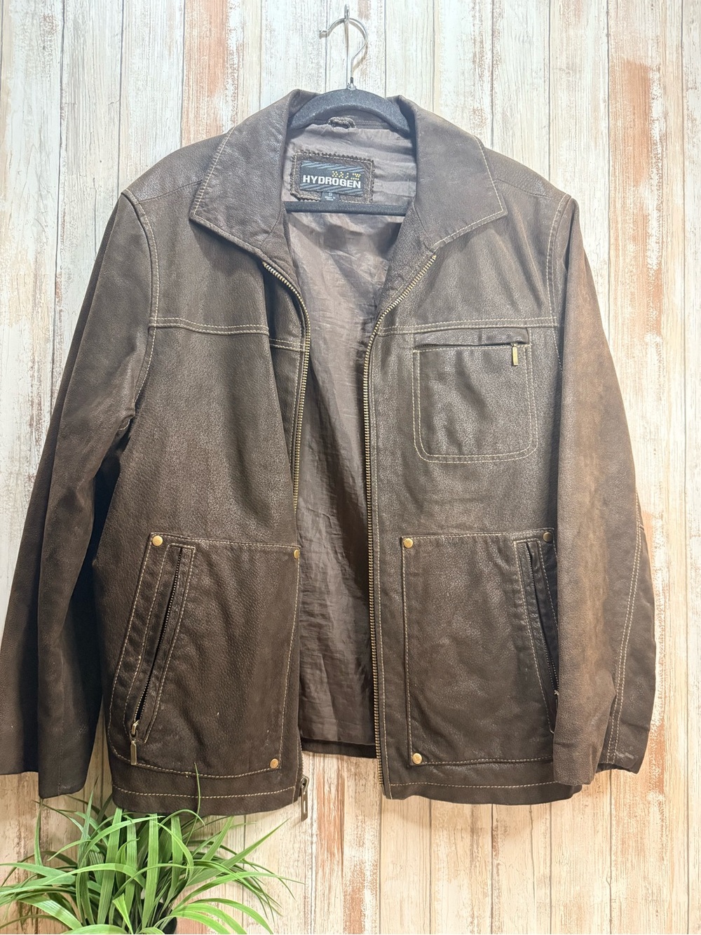 Hydrogen Brown Leather Bomber Jacket with Zip Front